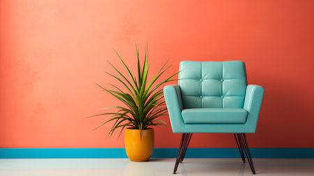 Blue armchair with a plant in a vase on a orange wallの素材