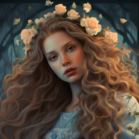 3d illustration of a beautiful girl with long curly hair and flowers in her hairの素材