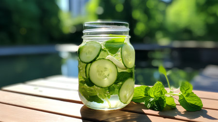 Detox water with cucumber, mint and ice in glass jar on wooden table outdoorの素材