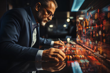 Businessman working on tablet computer in night office. Double exposure.の素材