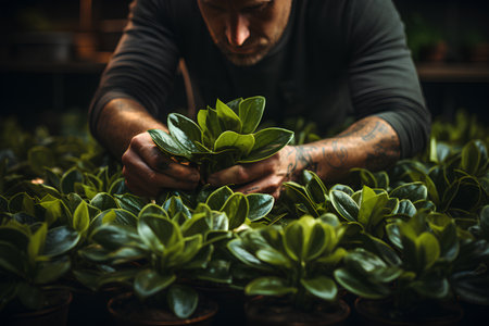 Gardener working in his flower shop. Selective focus.の素材