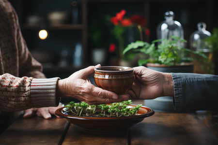 Elderly couple holding a cup of tea with microgreens.の素材