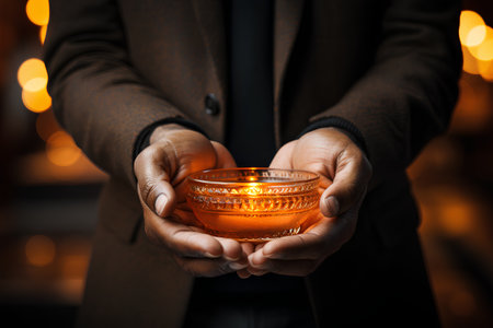 Candle in the hands of a man on a blurred background.の素材