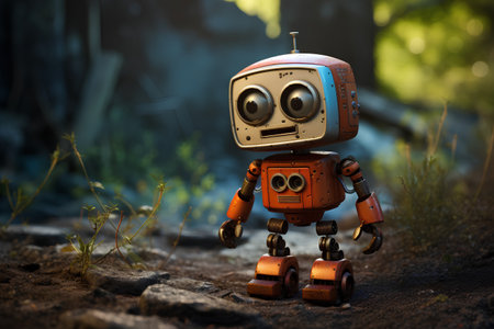 Vintage robot on a background of the forest. 3d renderingの素材