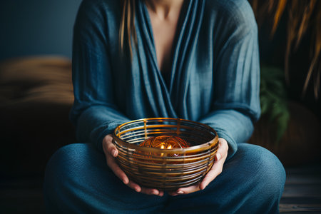 Young woman holding a bowl with a burning candle in her hands.の素材