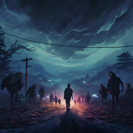 Halloween background with zombies walking on the road. 3d renderingの素材