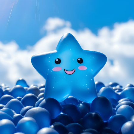 Cute blue star on blue background. 3D rendering. Festive background.の素材