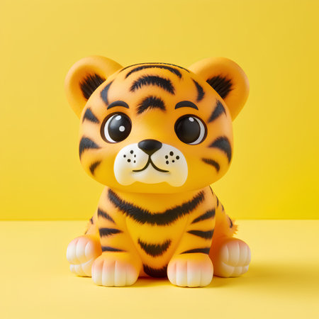 Tiger toy isolated on yellow background. 3d rendering, 3d illustration.の素材