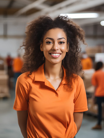 Portrait of a smiling african american woman standing in warehouseの素材