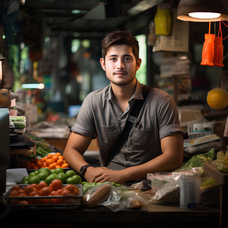 Portrait of young asian man selling fresh fruits and vegetables at marketの素材
