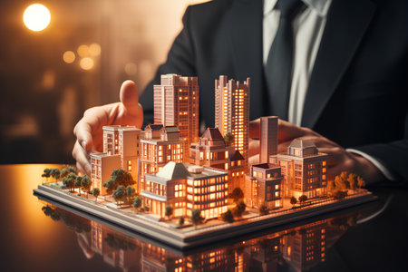 Businessman holding real estate model with cityscape on the tablet.の素材