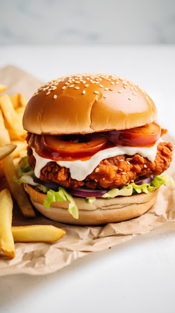 Burger with fried chicken and french fries on a white background.の素材