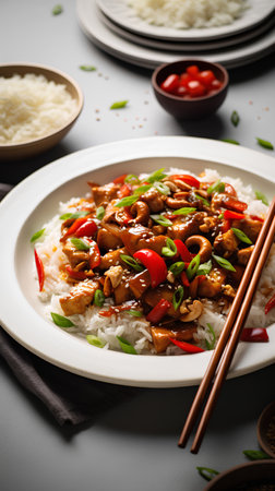 Chicken teriyaki with rice, sesame seeds and chilliの素材