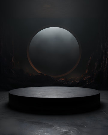 Black podium in dark room with full moon. 3D rendering.の素材