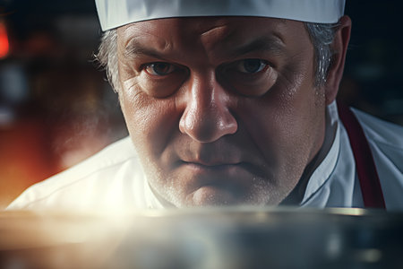 Portrait of a senior male chef in a restaurant kitchen. Toned.の素材
