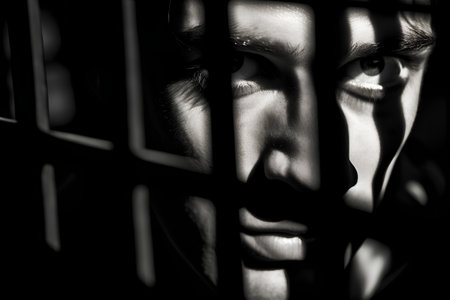 Sad man behind bars. Black and white portrait of a sad man.の素材