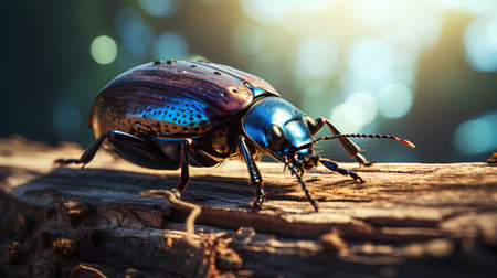 Blue beetle on a tree in the forest. Macro photo of beetle.の素材