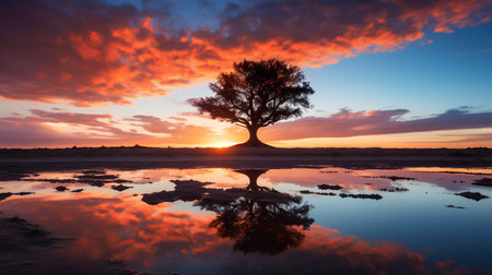 Beautiful sunset with tree and reflection in water. Nature composition.の素材
