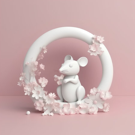 White mouse sitting in a round frame with flowers. 3d renderingの素材