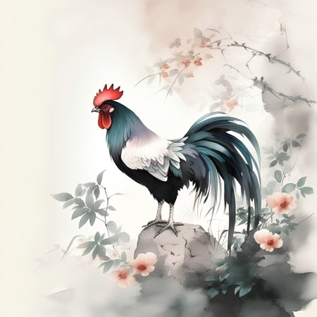 Watercolor painting of rooster on the rock. Vector illustration.の素材