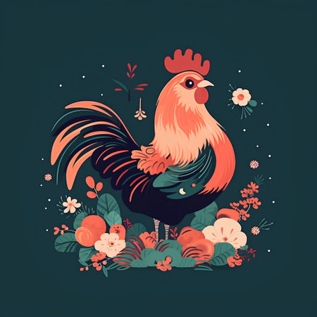 Vector illustration of a rooster with flowers in the form of a circle.の素材