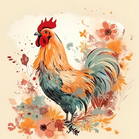 Vector illustration of a rooster on a floral background with flowers.の素材