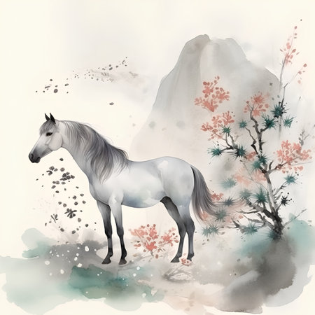 Watercolor painting of a white horse on a background of the mountainsの素材