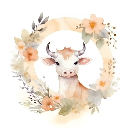 Watercolor cow with floral wreath on white background. Vector illustration.の素材