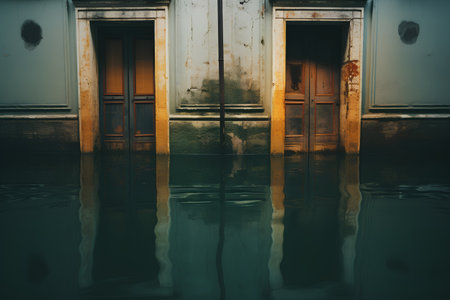 Reflection of old wooden doors in water, Venice, Italy.の素材