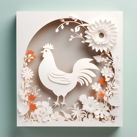 Paper art of rooster with flowers. Vector illustration. Eps 10の素材