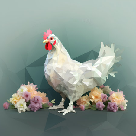 White rooster on a background of flowers. Polygonal illustrationの素材