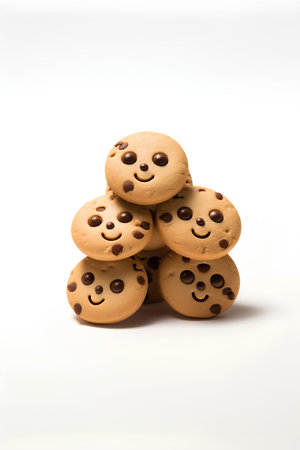 Chocolate chip cookies with smiley face isolated on white background.の素材
