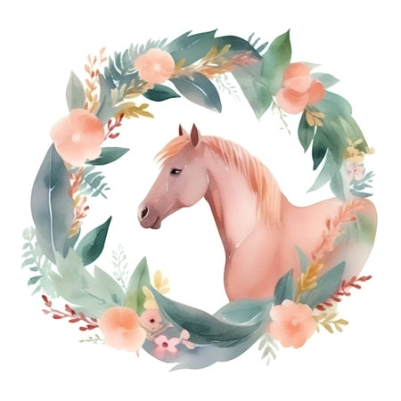 Watercolor illustration of a horse in a wreath of flowers.の素材