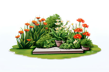 Garden design element with grass, flowers and plants. Vector illustration.の素材
