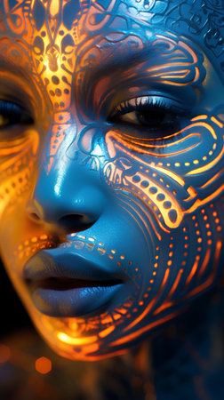 3D illustration of a beautiful female face with blue and orange make-upの素材