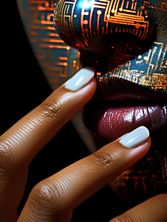 Beautiful woman face. Closeup of beautiful female hands with bright makeup.の素材