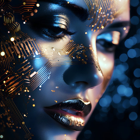 3d illustration. Portrait of a beautiful woman with metal bodyart and electronic circuit.の素材