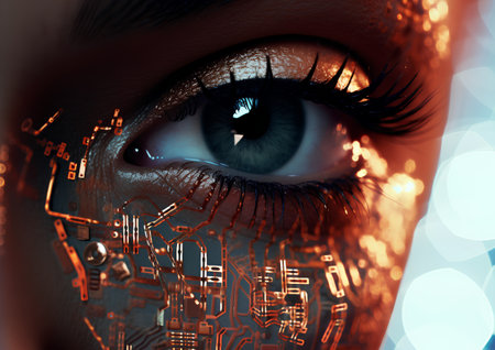 Close-up of human eye with circuit board. 3D renderingの素材