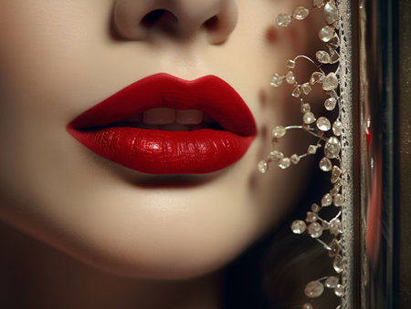Closeup portrait of beautiful young woman with red lips and jewelry. Luxury make-up.の素材