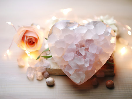 Heart shaped bath salt and rose on a wooden background with bokeh lightsの素材