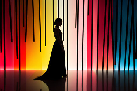 Silhouette of a beautiful woman in a long dress on a colored backgroundの素材