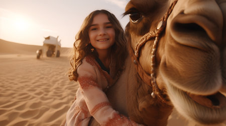 Young woman riding a camel in the desert at sunset. Selective focus.の素材