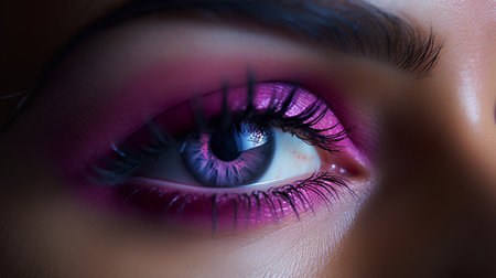 Close up of beautiful woman's eye with pink make-up. Studio shot.の素材