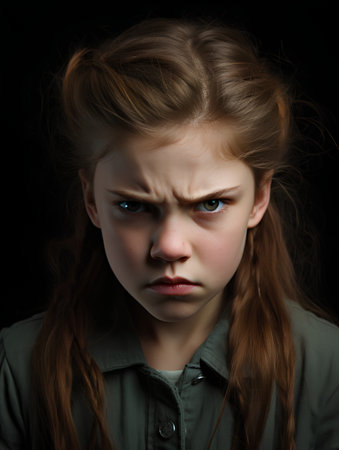 Portrait of a little girl on a dark background. Children's emotions.の素材