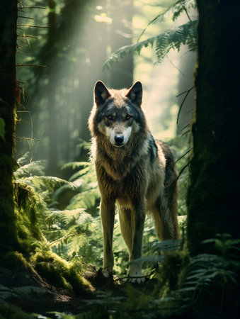 Portrait of a wolf in the forest. Filtered image processed vintage effect.の素材