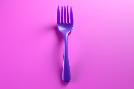 Blue plastic fork isolated on pink background. 3d rendering illustration.の素材