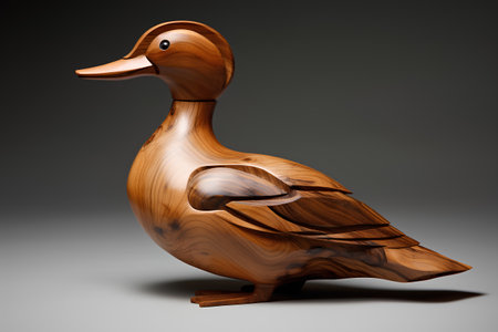 Wooden duck isolated on gray background. 3d render illustration.の素材