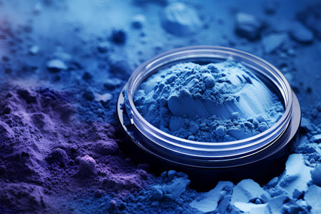 cosmetic powder in a glass container on a blue background close-upの素材
