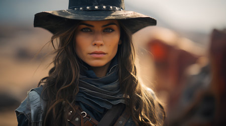 Beautiful young woman in cowboy hat and coat. Outdoor portrait.の素材