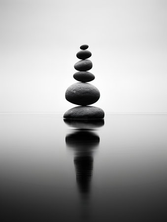 Zen stones in the water, black and white background, 3d illustrationの素材